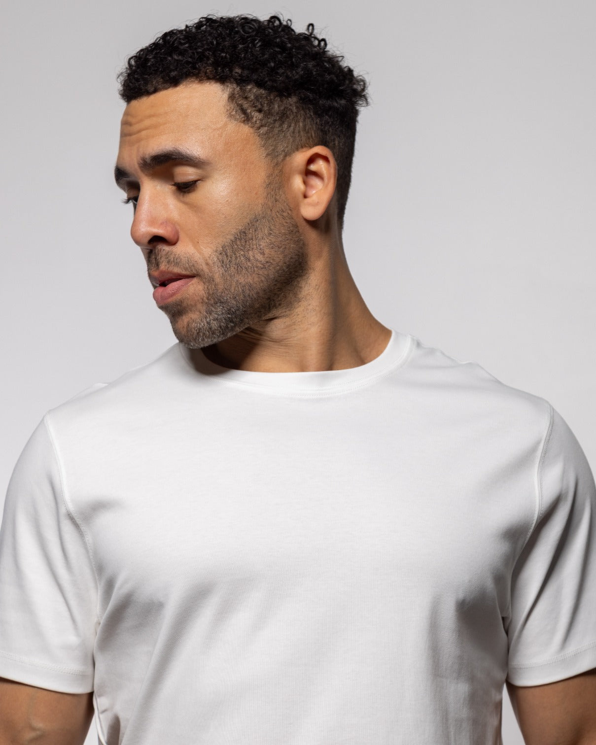 CISCO men's summer white crewneck T-shirt, close-up chest view