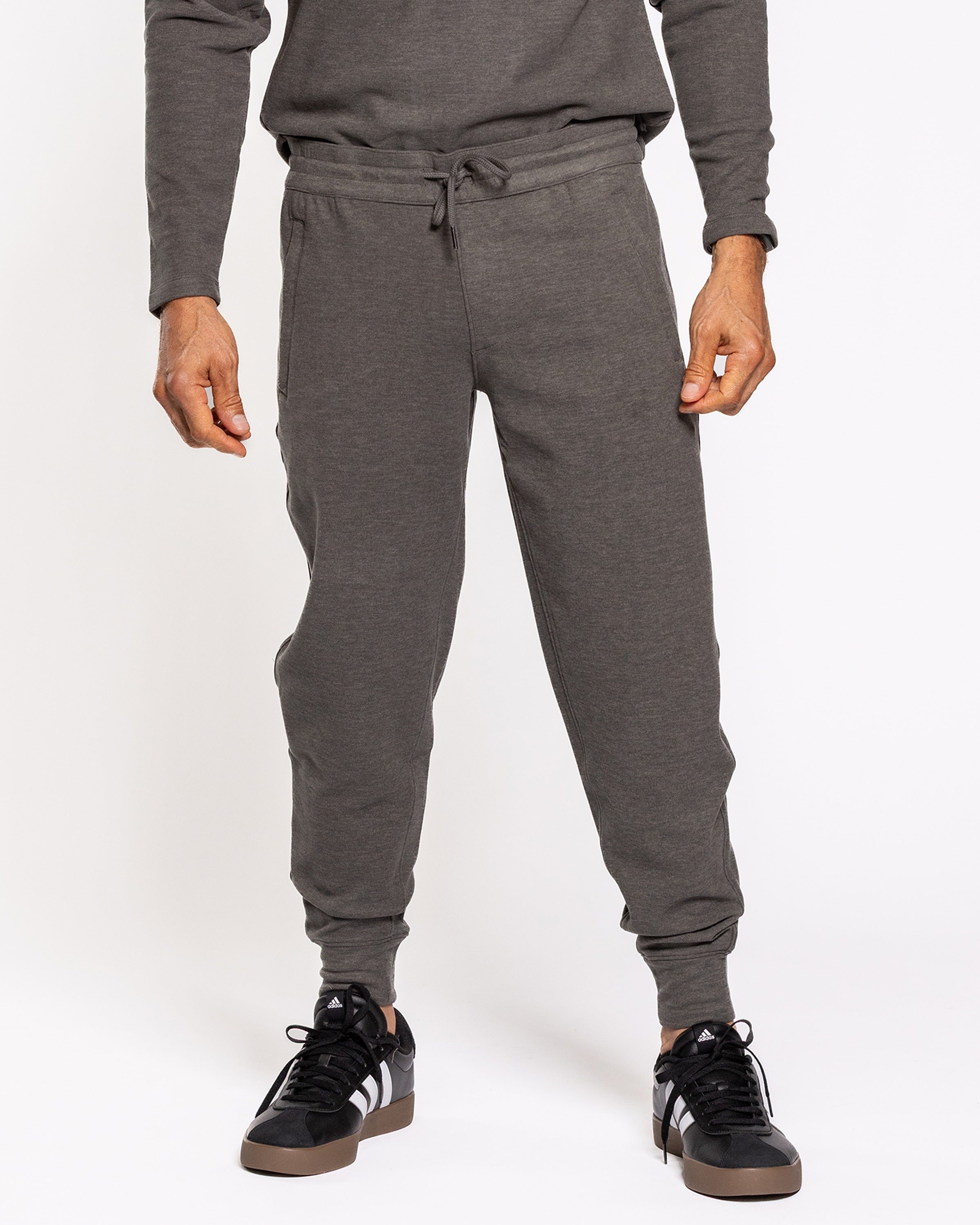 Asher jogger pants in dark gray, elastic cuffs and tied waist drawstring