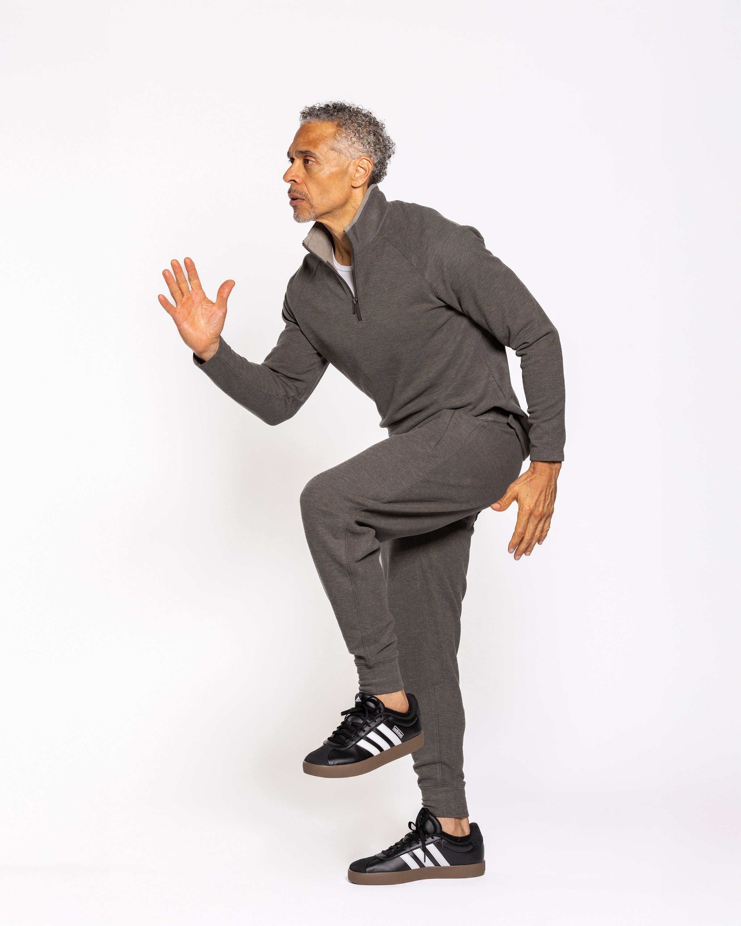 Asher jogger pants in dark gray, tapered fit, ankle cuffs, drawstring waist