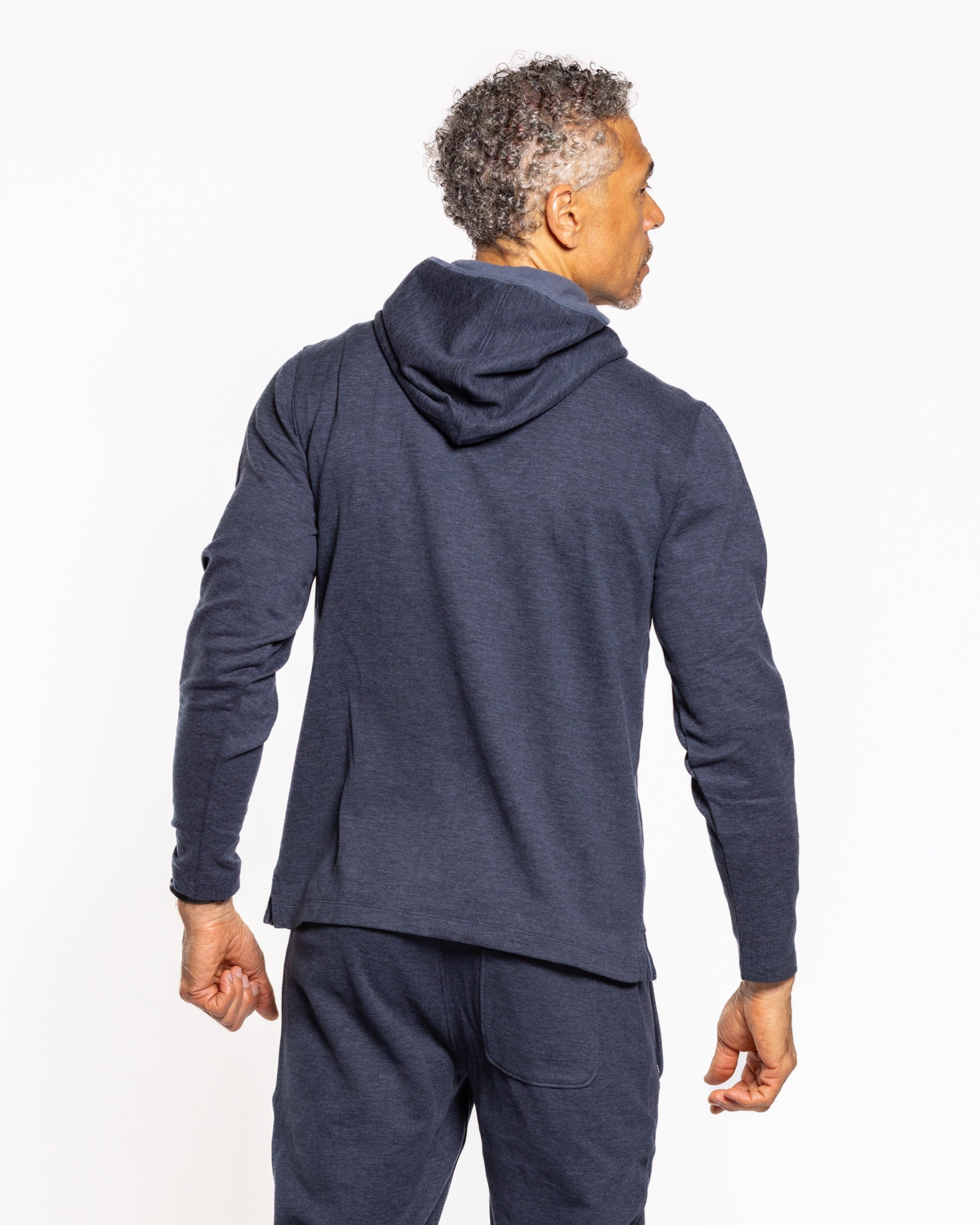 Men's indigo night hoodie, back view with drawstring hood and long sleeves
