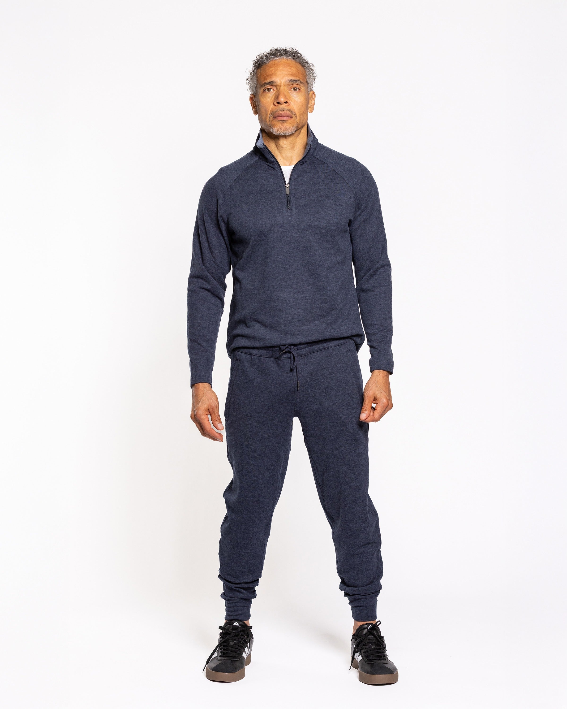 Asher quarter-zip pullover with chest zip, long sleeves, dark indigo heather fabric