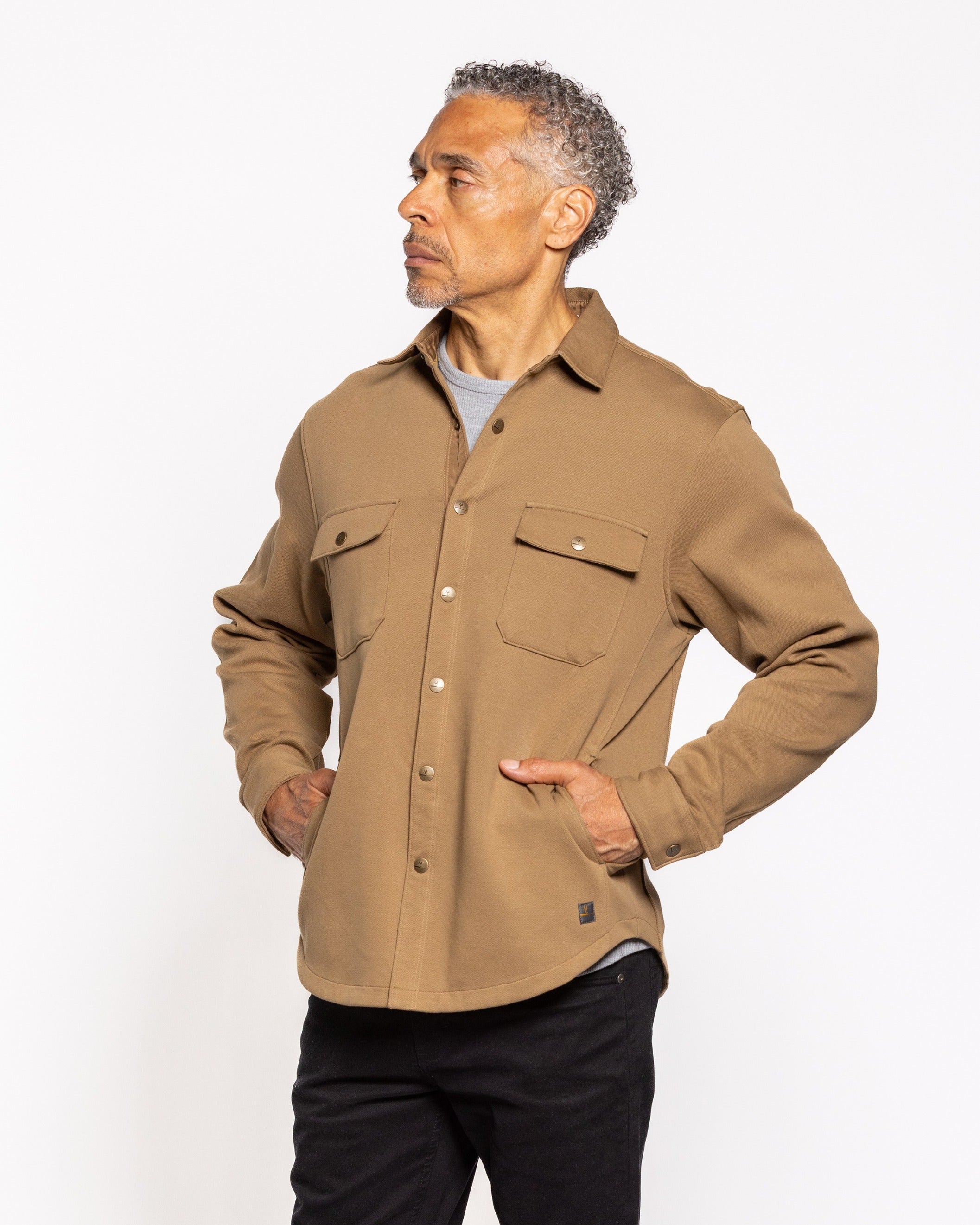Griffin shirt jacket in brown with button front, stand collar, chest flap pockets