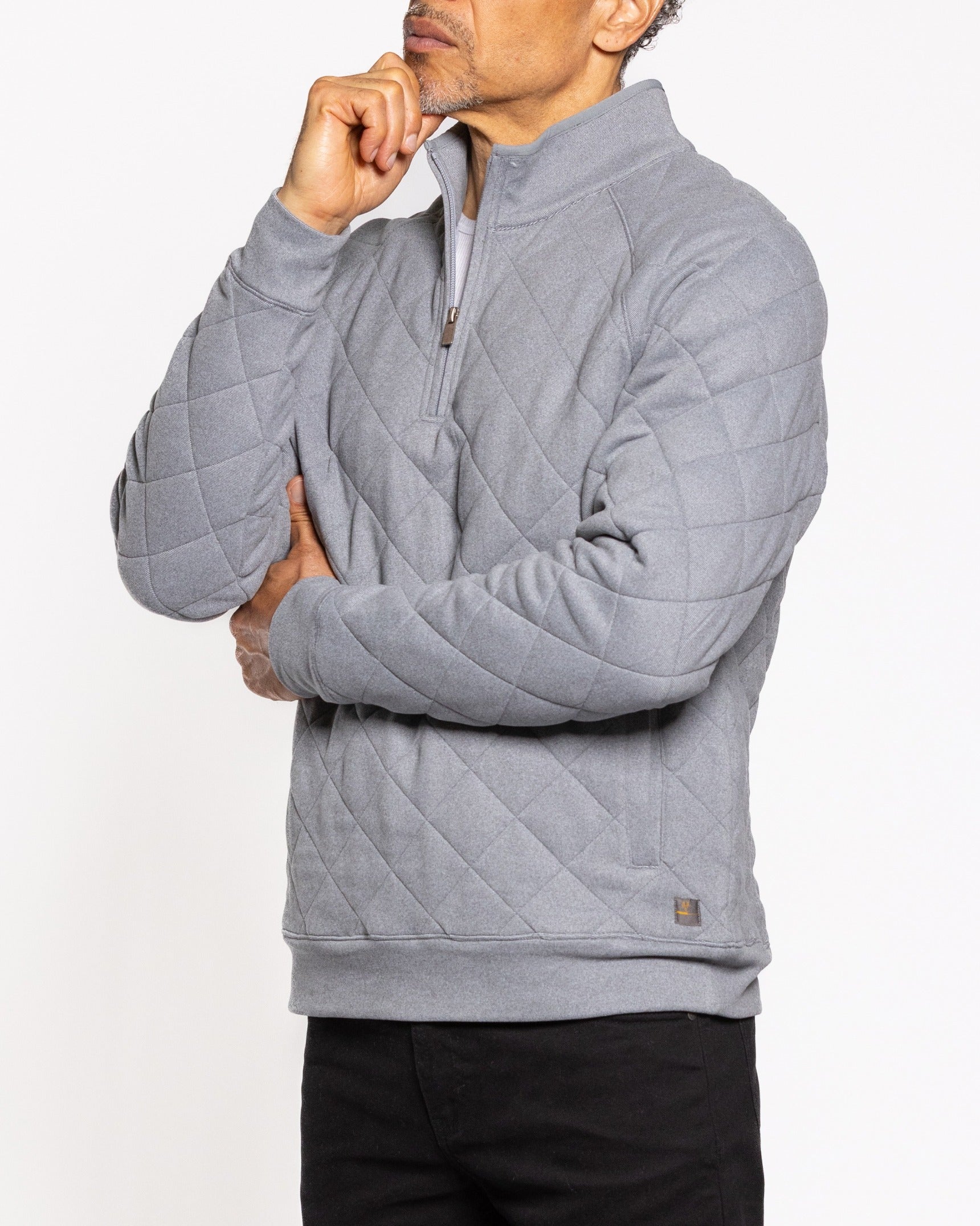 Men's quilted quarter-zip sweatshirt, gray zip neck and sleeve cuff detail