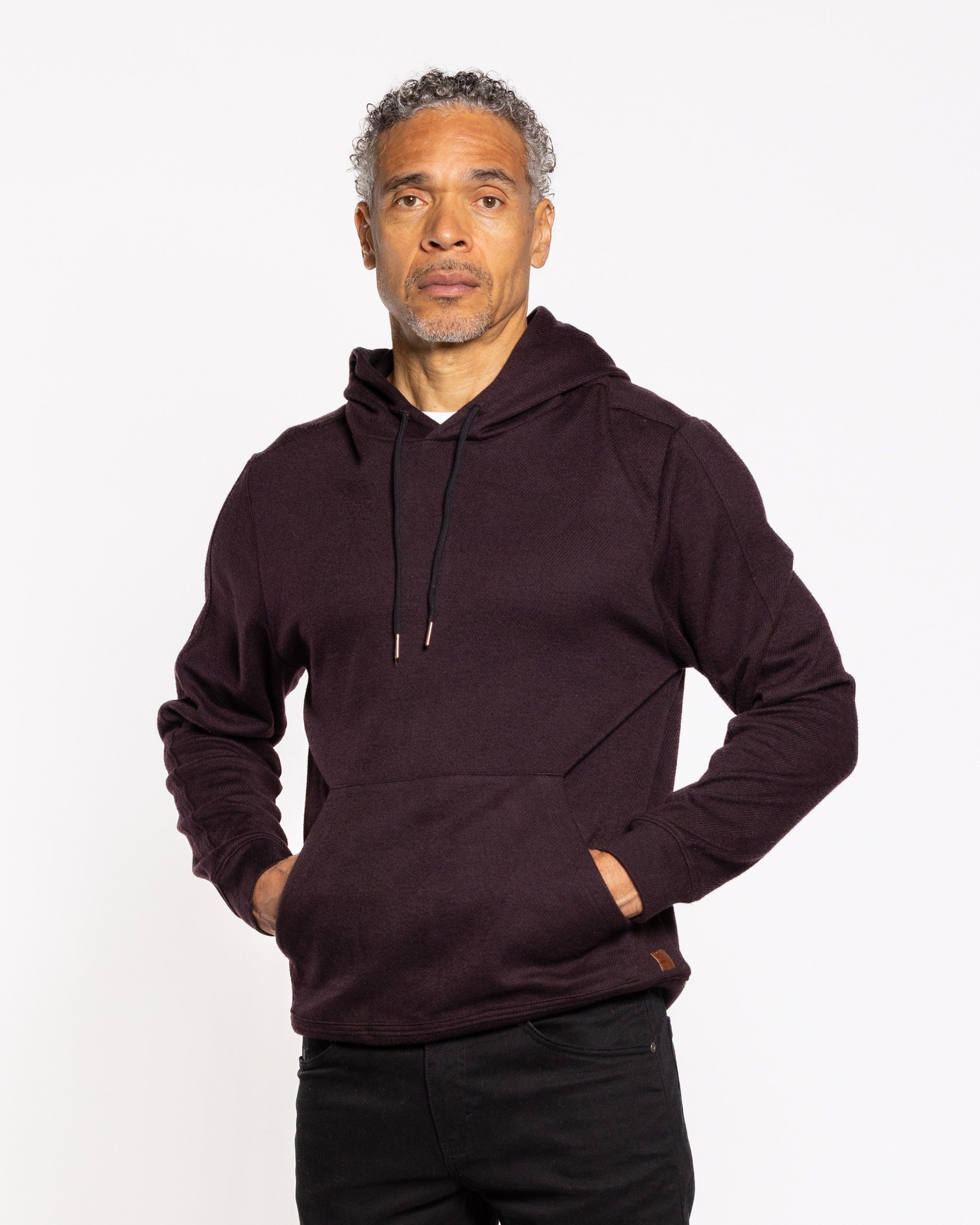 Men's wine twill hoodie with kangaroo pocket, drawstring, and ribbed cuffs