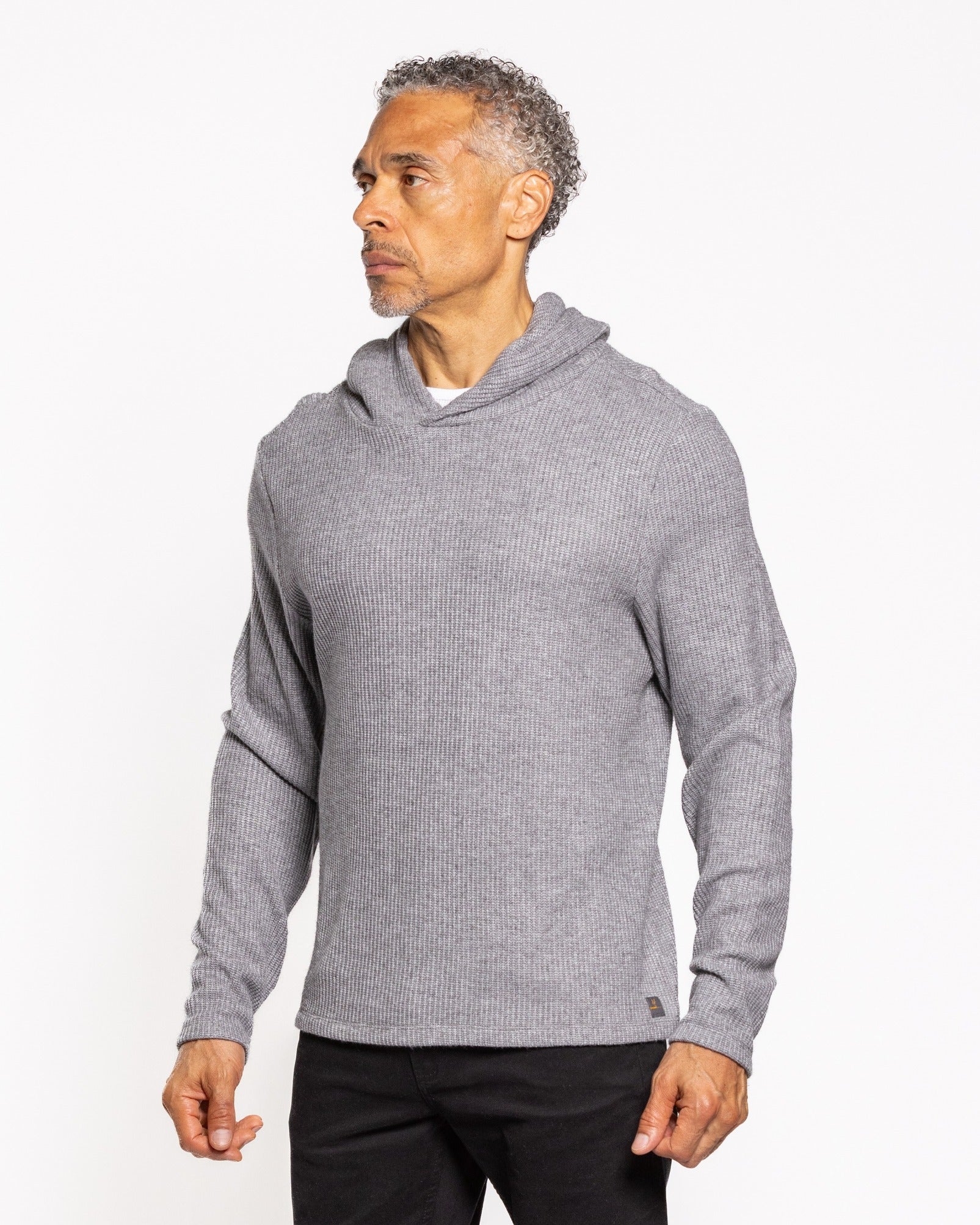 Heather grey pullover hoodie with hood, long sleeves
