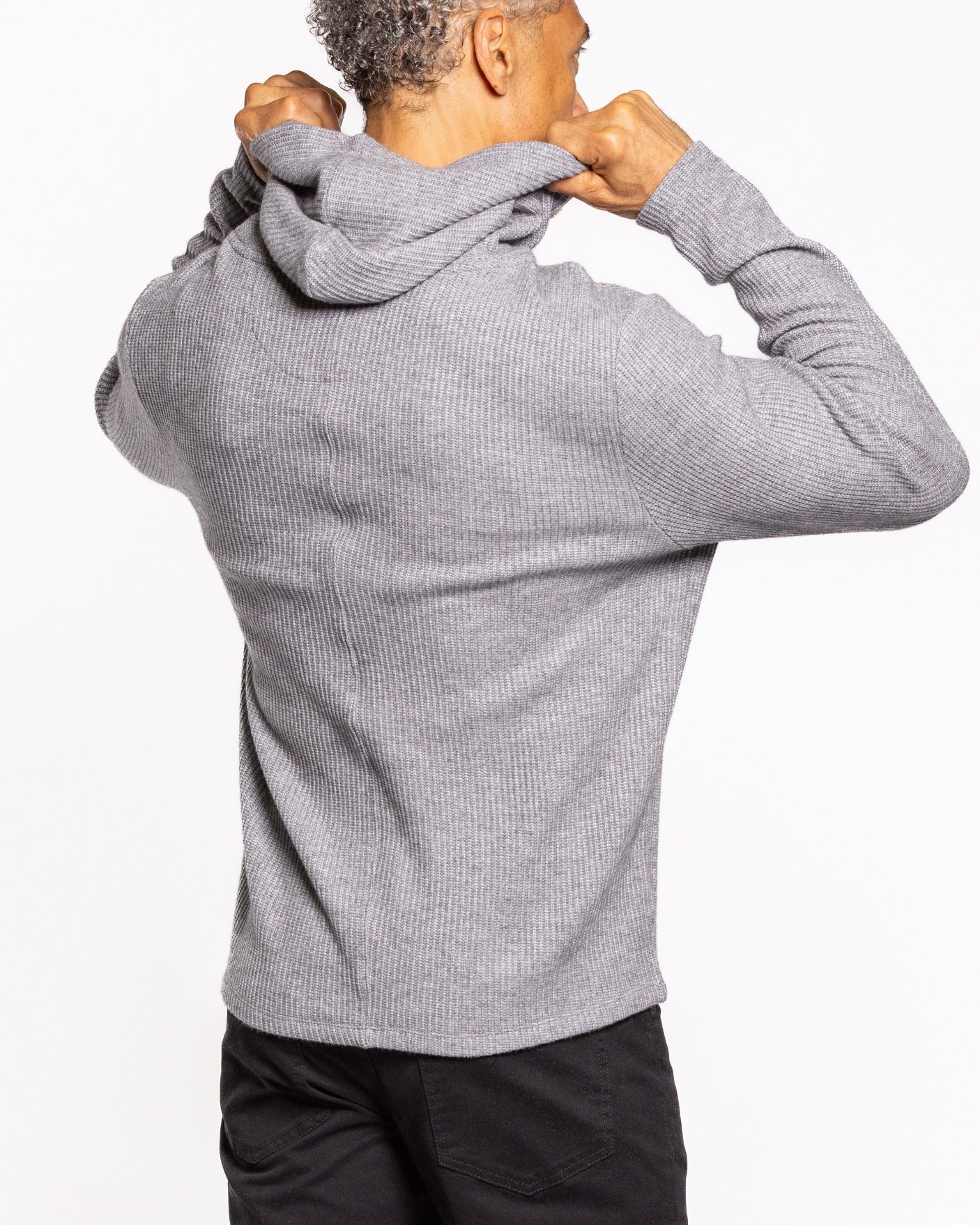 Heather grey hoodie with draped hood and ribbed cuffs