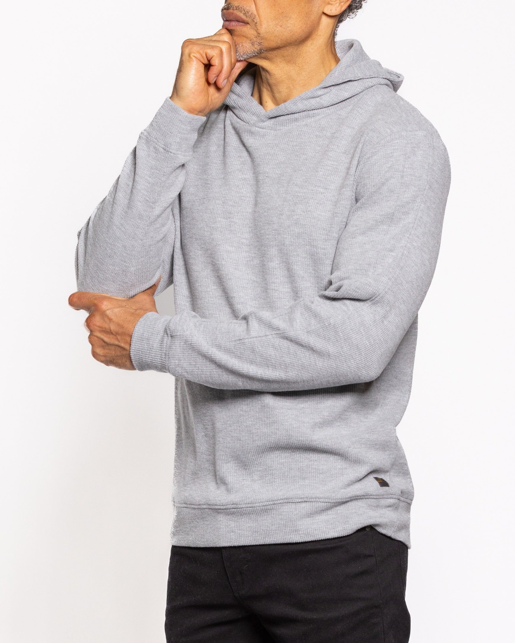 Heather grey pullover hoodie with hood, drawstrings, and front kangaroo pocket