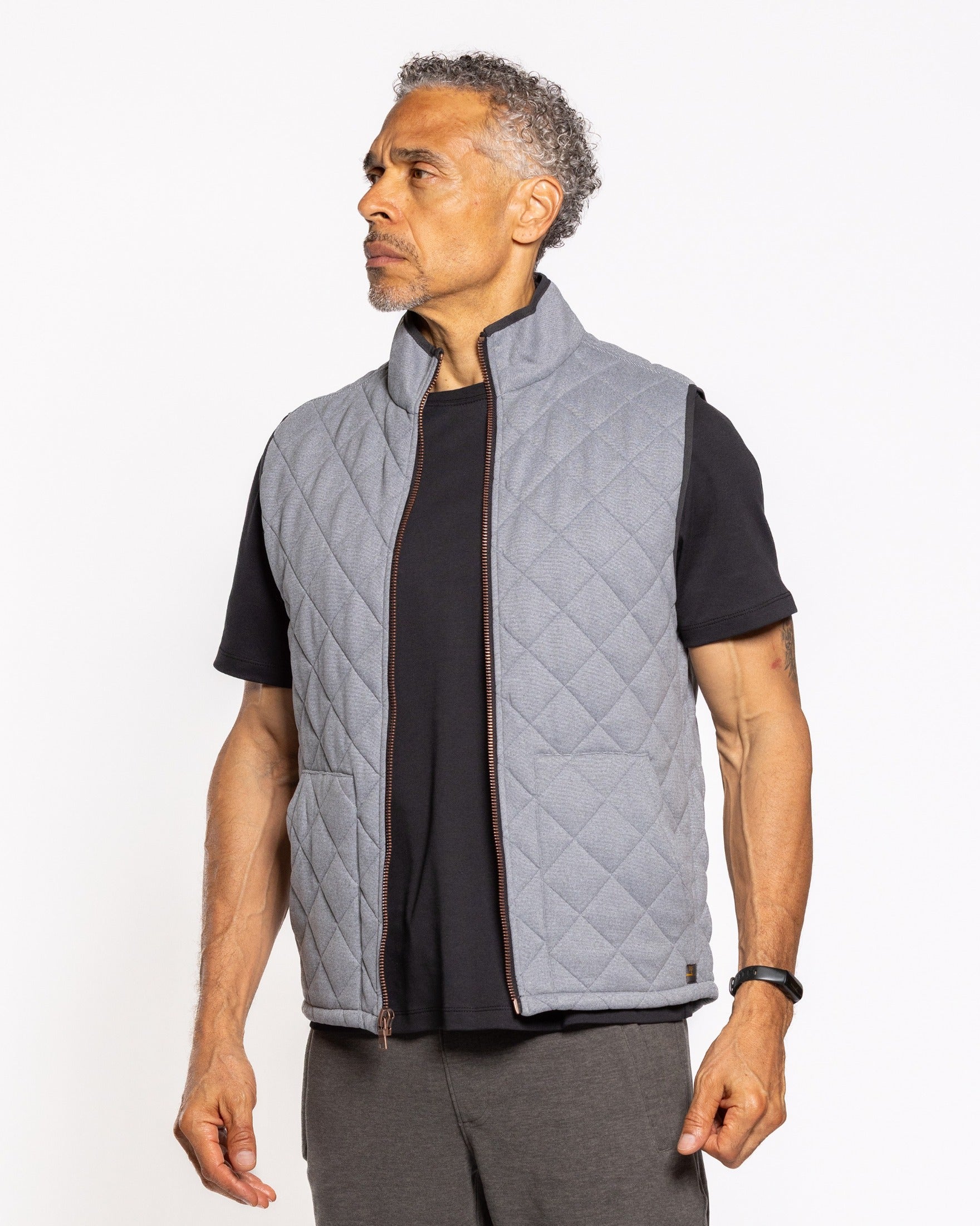Quilted sleeveless vest with zip-front and stand collar, medium gray