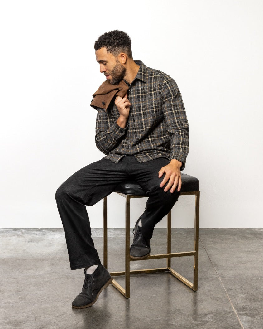 MONTANA flannel shirt dark plaid, side button front and cuffs