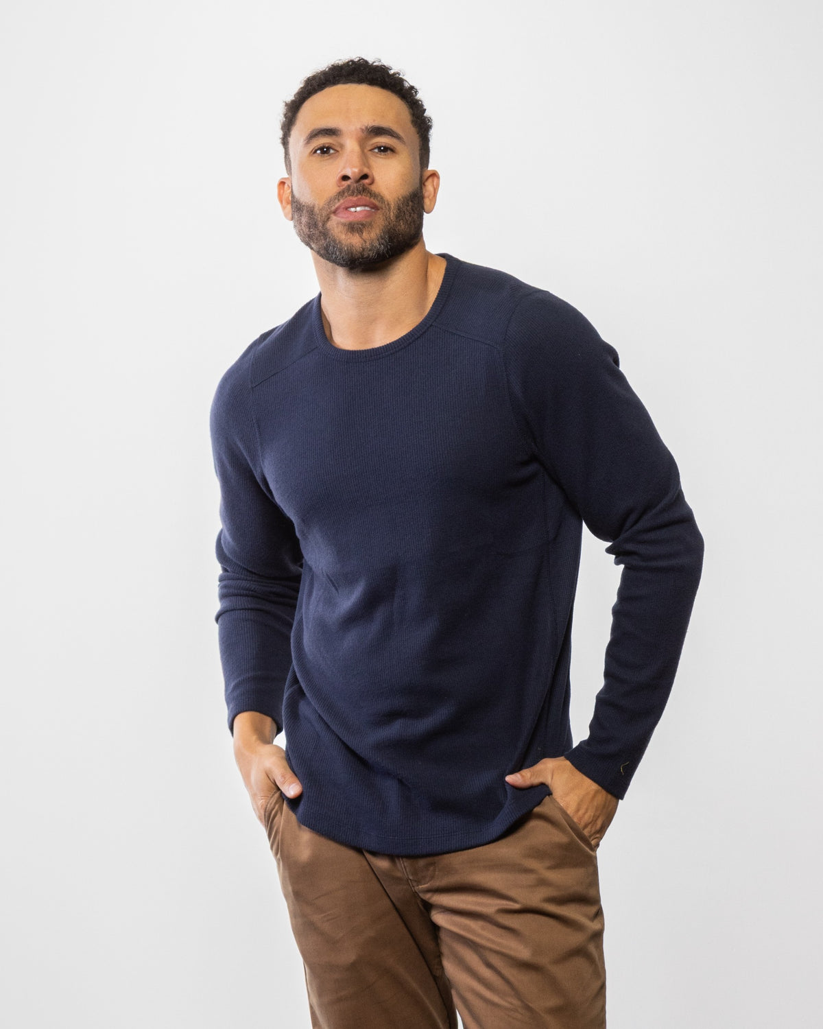 Men's indigo crewneck sweatshirt, long sleeves and ribbed hem