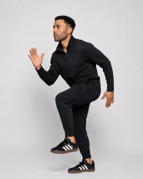 Tall black jogger pants with tapered fit and elastic cuffs