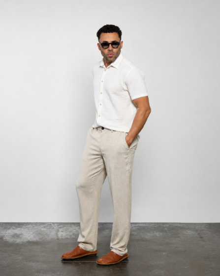 Natural short-sleeve knit polo shirt with buttons and collar