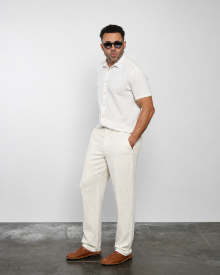 Off-white short-sleeve henley shirt with button placket and collar