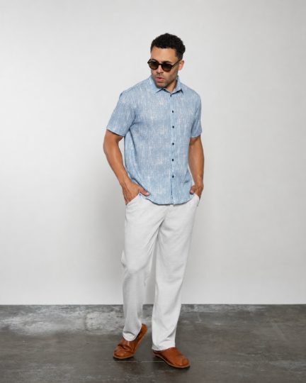 Light blue short-sleeve button-up shirt with button front and collar