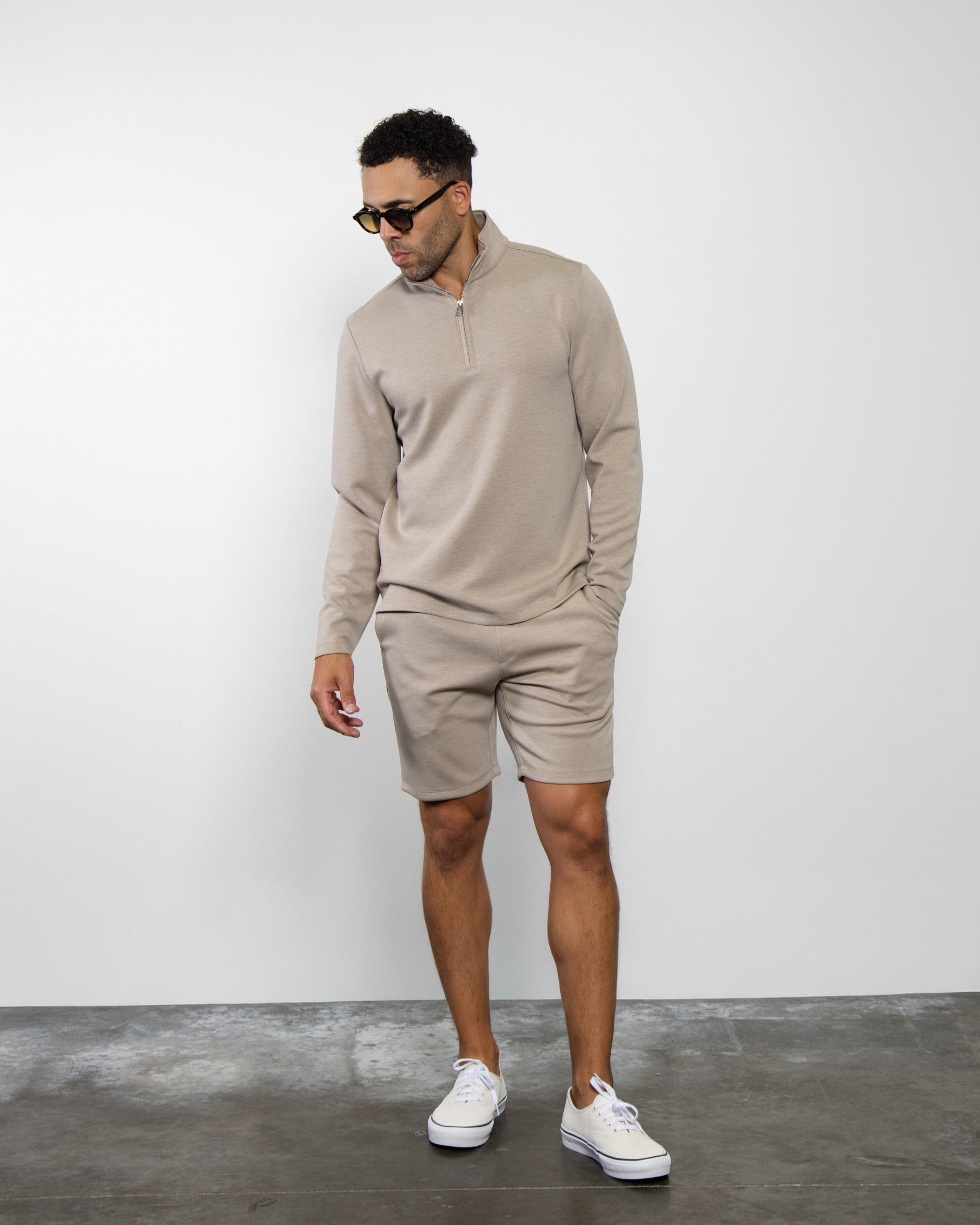 Men's taupe quarter-zip sweatshirt and matching shorts set, long sleeves